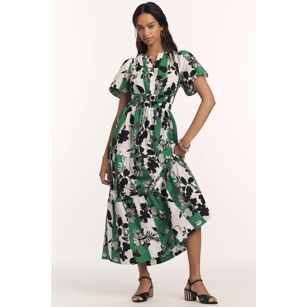 Anthropologie The Somerset Maxi Dress Cotton Tiered XL NWT Green Floral